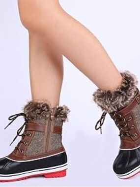 Faux Fur Trim Brown Winter Lace-Up Duck Boots